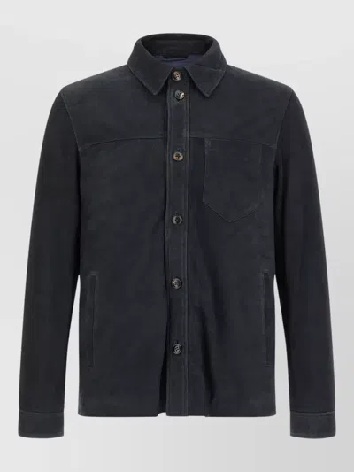 Pal Zileri Suede Shirt Jacket Chest Pocket Long Sleeves In Blue