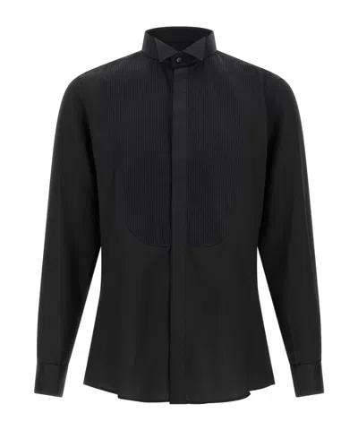 Pal Zileri Pleated-plastron Tuxedo Cotton Shirt In Black