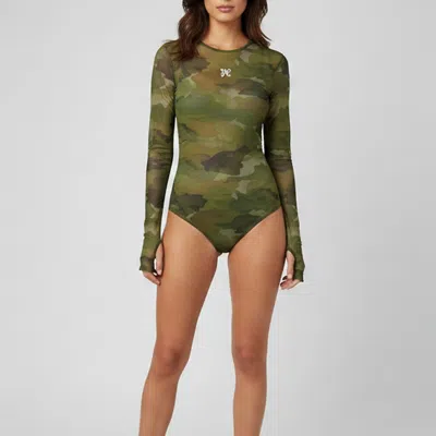 Pre-owned Palm Angels Green Logo Embroidered Camouflage Sheer Mesh Bodysuit S