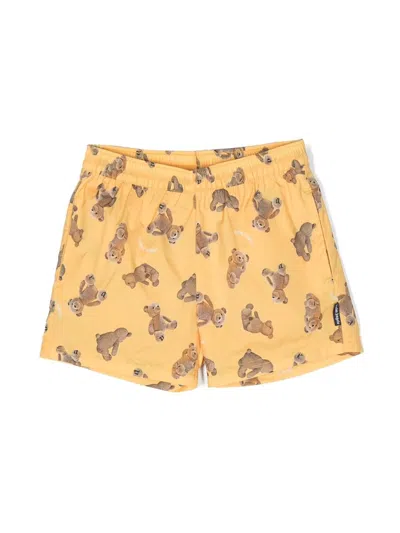 Palm Angels Kids' All-over Bear-print Swim Shorts In Multi