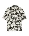 Palm Angels Black And White Short Sleeve Shirt With All-over Palm Print In Viscose In White