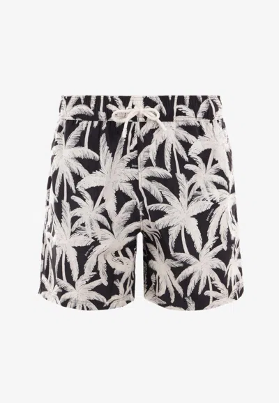 Palm Angels All-over Palms Print Swim Shorts In Monochrome