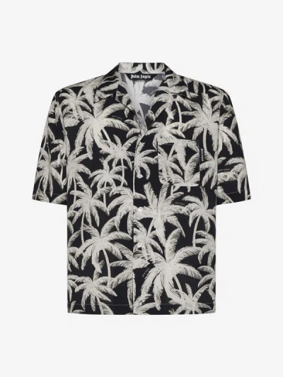 Palm Angels Palm Print Short Sleeve Button-up Camp Shirt In Black