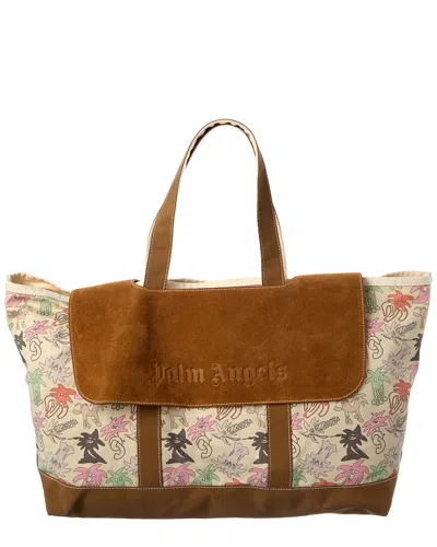 Palm Angels Allover Palmity Classic Canvas & Suede Tote In Brown