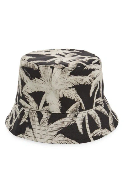 Palm Angels Allover Palms Print Bucket Hat In Black Off White