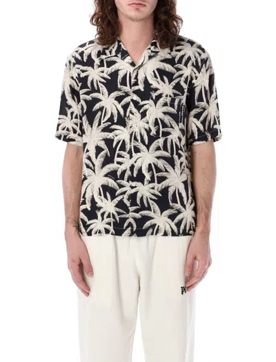 Palm Angels Allover Palms Short Sleeve Shirt For Men In Black