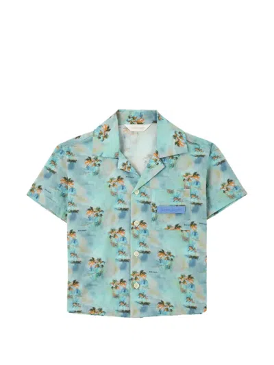 Palm Angels Kids' Aop Palm-print Bowling Shirt In Green