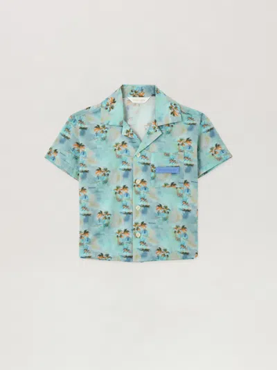 Palm Angels Kids' Aop Palms Bowling Shirt In Green