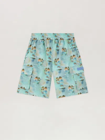 Palm Angels Kids' Aop Palms Cargo Short In Blue