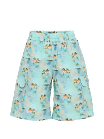 Palm Angels Kids' Aop Palms Cargo Shorts In Blue