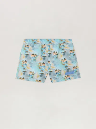 Palm Angels Kids' Aop Palms Beachwear Shorts In Blue