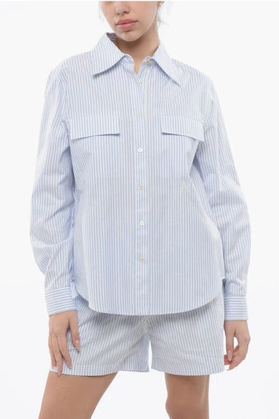 Palm Angels Awning Striped Cotton Shirt With Back Split In Blue