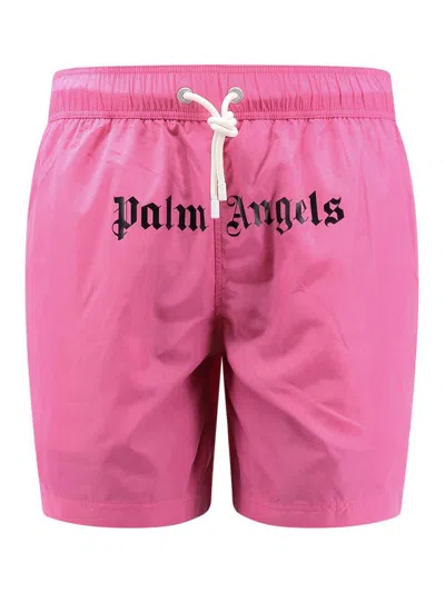 Palm Angels Nylon Swim Trunk With Logo Print In Nude & Neutrals