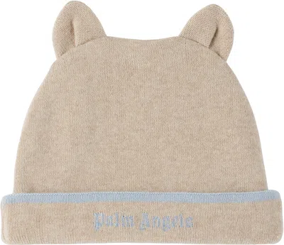 Palm Angels Baby Beige Embroidered Knit Beanie In Taupe Light Blue