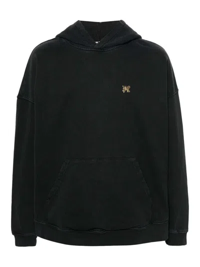 Palm Angels Back Burning Monogram Cotton Hoodie In Black