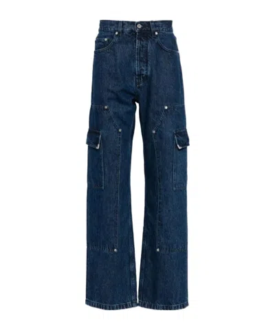 Palm Angels Bag Details Overalls Denim Trousers In Blue