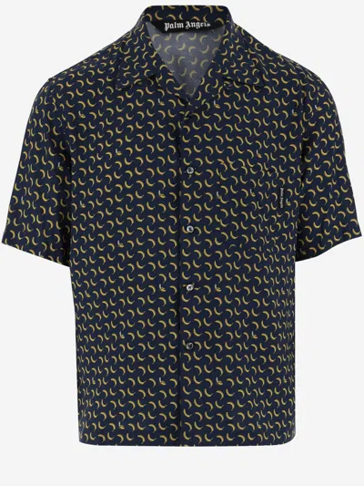 Palm Angels Banana Print Viscose Shirt In Blue