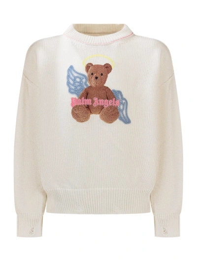 Palm Angels Kids' Bear Angel Sweater In Off White Brown