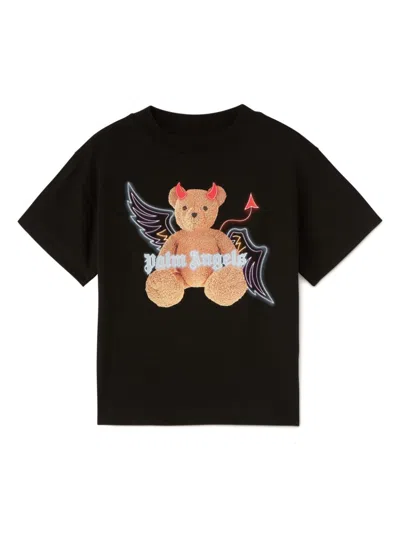 Palm Angels Kids' Bear Devil Cotton T-shirt In Black Brown