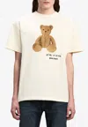 Palm Angels Bear In Mind White T-shirt With Bear Print And Logo Lettering On The Front In Cotton Man In Off-white