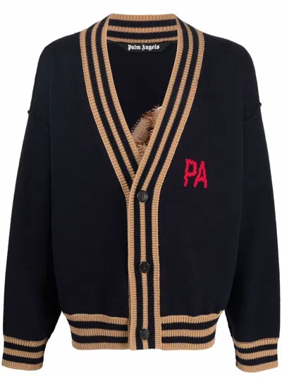 Palm Angels Black Bear-motif Cardigan In Blue