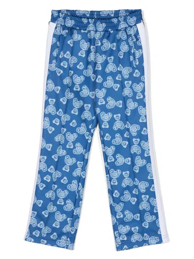 Palm Angels Kids' Bear-motif Elasticated-waist Trousers In Blue