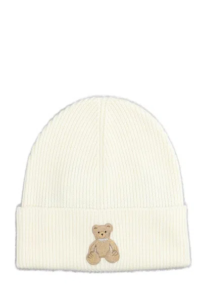 Palm Angels Bear Patch Knitted Beanie In Beige