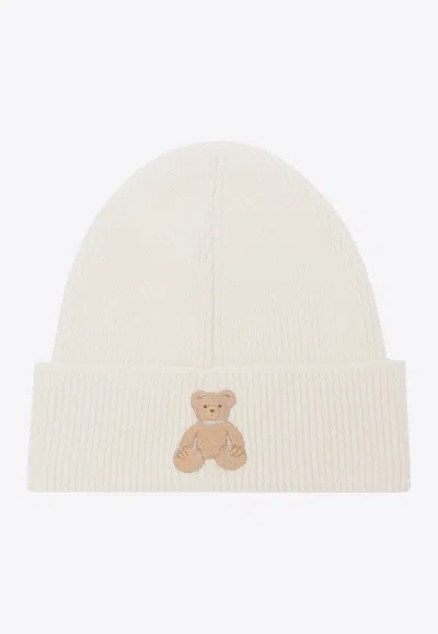 Palm Angels Bear Patch Knitted Beanie In Off-white