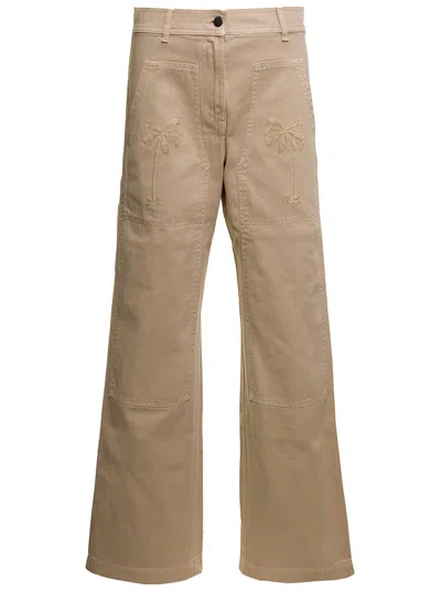 PALM ANGELS PALM ANGELS BEIGE 'CARGO' PANTS WITH EMBROIDERED PALM IN COTTON DENIM WOMAN