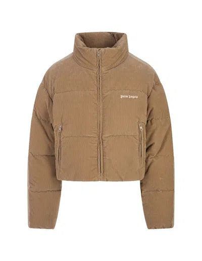 Palm Angels Beige Corduroy Short Down Jacket With Logo In Brown
