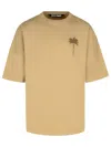 Palm Angels Beige Cotton T-shirt With Palm Print And Logo In Beige