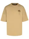 Palm Angels Beige Cotton T-shirt With Palm Print And Logo In Beige