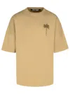 Palm Angels Beige Cotton T-shirt With Palm Print And Logo In Cream