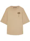 Palm Angels Beige Cotton T-shirt With Palm Print And Logo In Beige