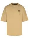 Palm Angels Beige Cotton T-shirt With Palm Print And Logo In Beige