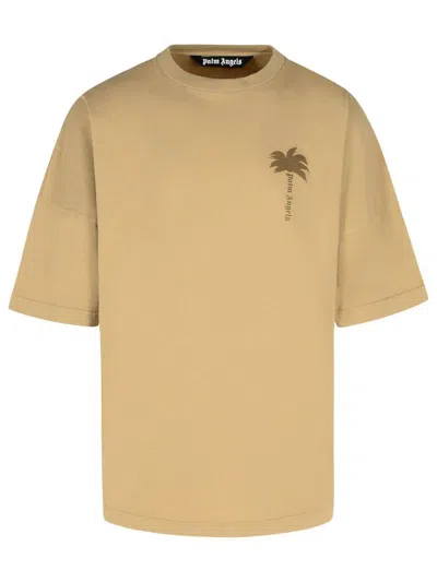 PALM ANGELS PALM ANGELS BEIGE COTTON T-SHIRT WITH PALM PRINT AND LOGO