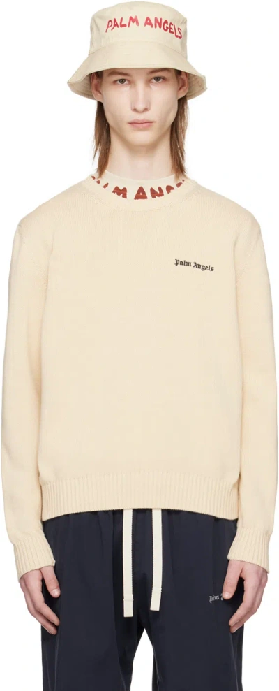 Palm Angels Beige Embroidered Sweater In Yellow
