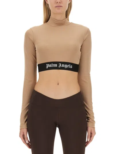 Palm Angels Beige Logo Mock Collar T-shirt