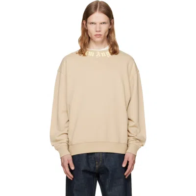 Palm Angels Beige Neck Logo Regular Crew Sweatshirt In Neutral