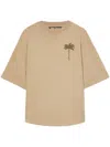 Palm Angels Beige Cotton T-shirt With Palm Print And Logo