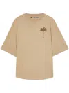 Palm Angels Beige Cotton T-shirt With Palm Print And Logo In Neutrals