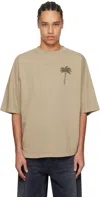 Palm Angels Beige Cotton T-shirt With Palm Print And Logo In Beige - Beige