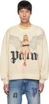 Palm Angels Crystal Pin Up Sweatshirt In Ivory - Black