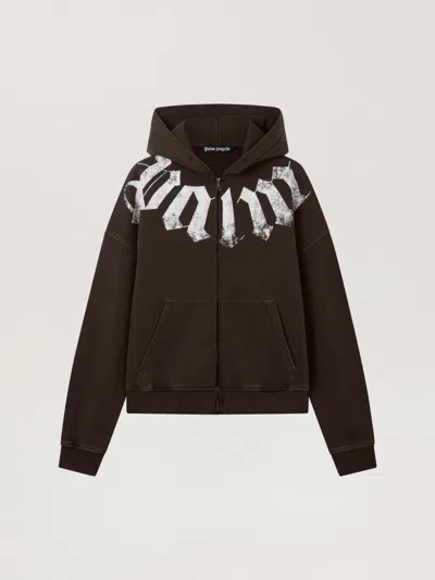 Palm Angels Big Neck Logo Zip Loose Hoodie In Brown - Off White