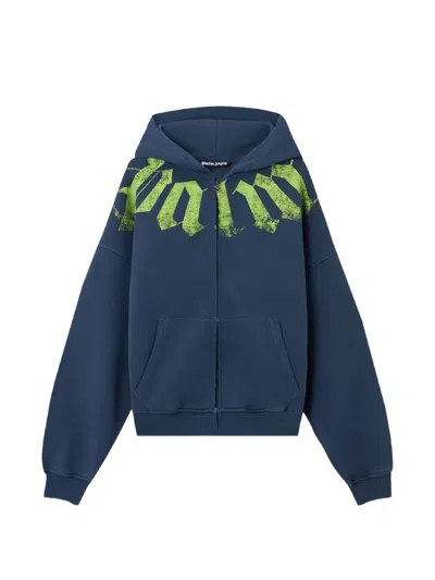 Palm Angels Navy Blue Big Neck Logo Zip Hoodie In Multi