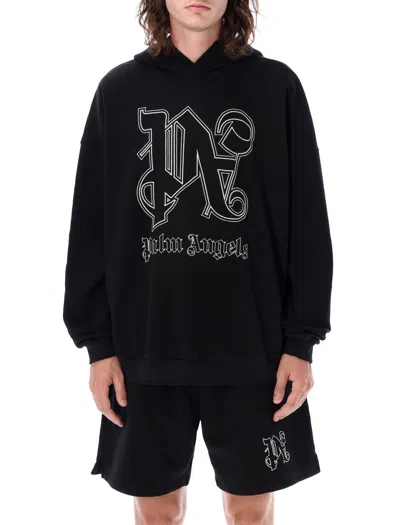 Palm Angels Black And Off-white Paint Monogram Hoodie For Men