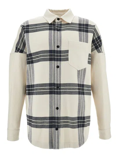 Palm Angels Black And White Overshirt With Check And Logo Print In Cotton Man