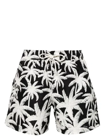 Palm Angels Black And White Palm Tree Print Swim Shorts For Men