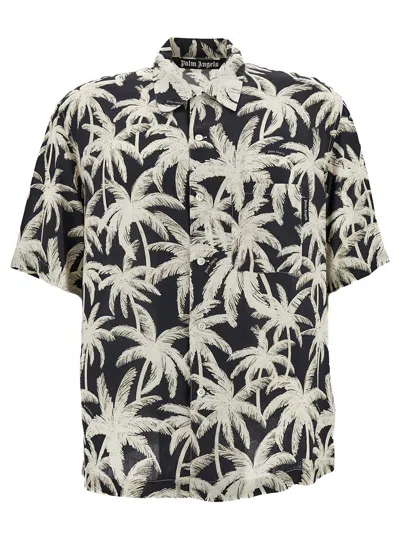 PALM ANGELS BLACK AND WHITE SHORT SLEEVE SHIRT WITH ALL-OVER PALM PRINT IN VISCOSE MAN