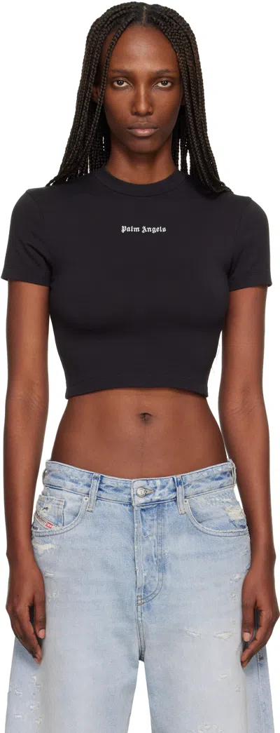 Palm Angels Cropped Black And White Logo T-shirt In Brown
